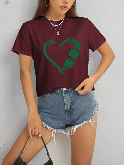 Heart Lucky Clover Round Neck Short Sleeve T-Shirt