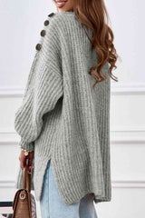 Buttoned Boat Neck Slit Sweater