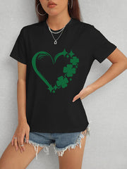 Heart Lucky Clover Round Neck Short Sleeve T-Shirt