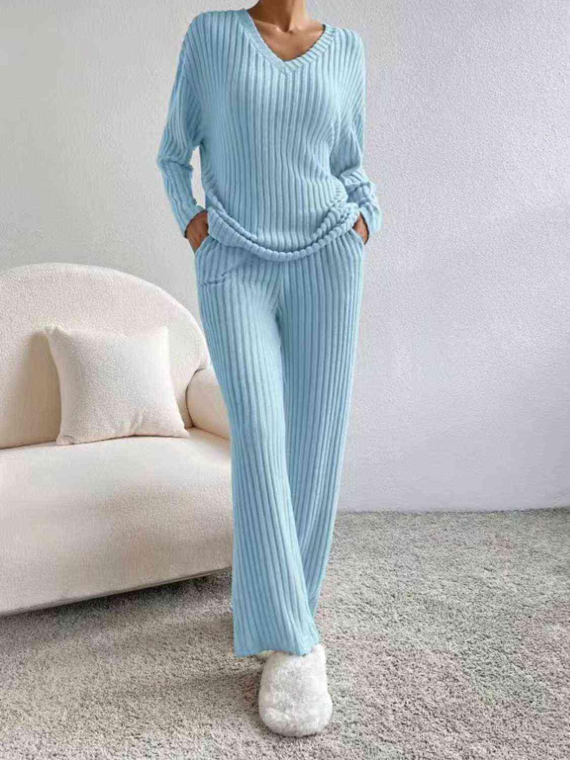 Ribbed V-Neck Long Sleeve Top and Pants Set