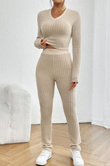 Ribbed V-Neck Long Sleeve Cropped Top and Pants Set