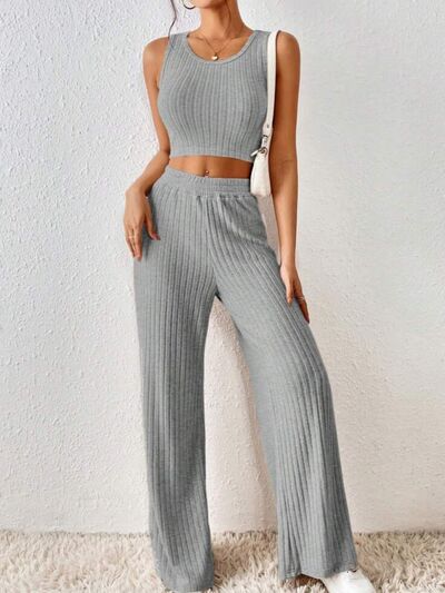 Ribbed Round Neck Tank and Pants Sweater Set