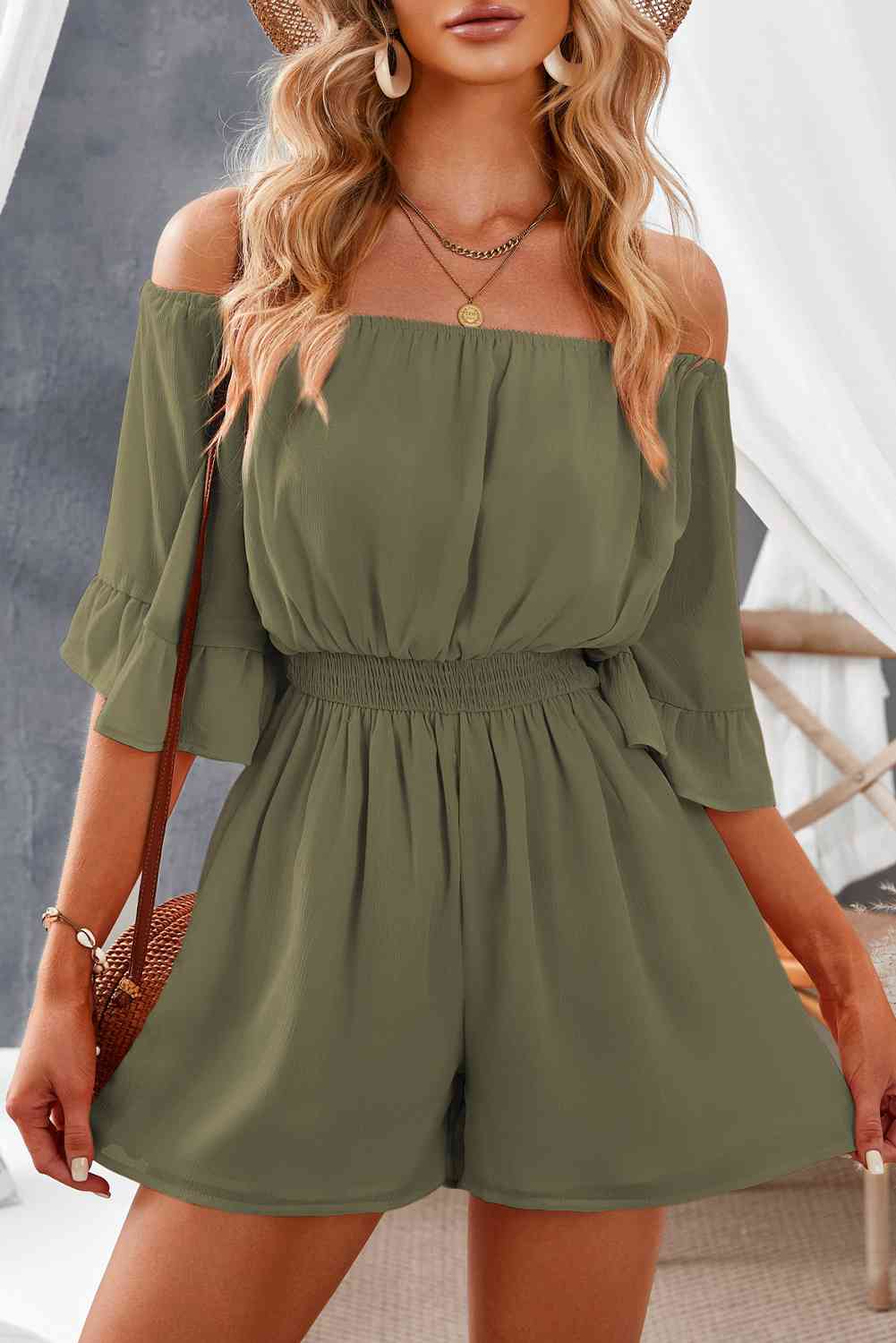 Off-Shoulder Smocked Waist Flounce Sleeve Romper