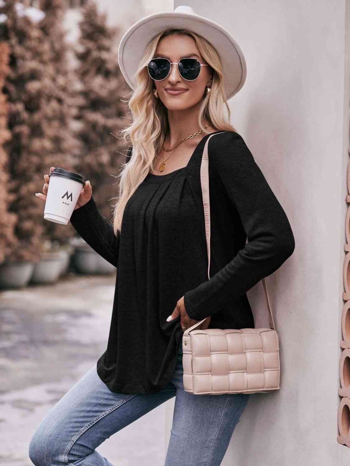 Double Take Pleated Detail Curved Hem Long Sleeve Top