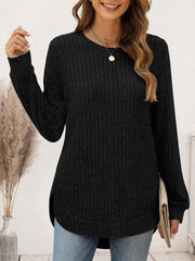 Ribbed Round Neck Long Sleeve T-Shirt