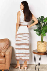 Double Take Striped Openwork Cropped Tank and Split Skirt Set